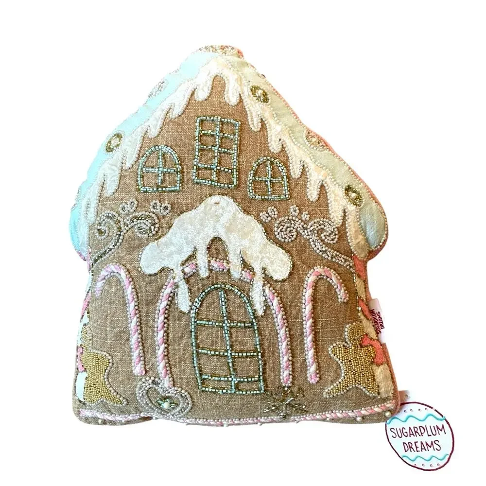 Sugarplum Dreams Christmas Gingerbread House Throw Pillow 17x15 Beaded NEW